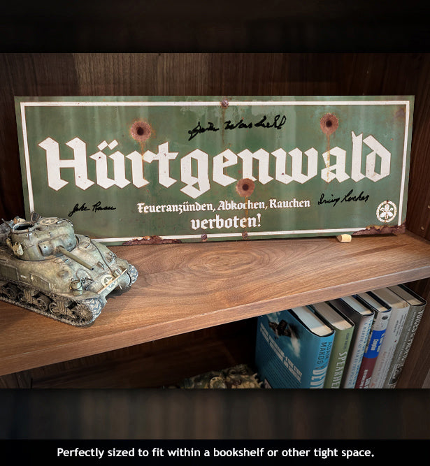 Autographed Hurtgenwald sign in bookshelf 