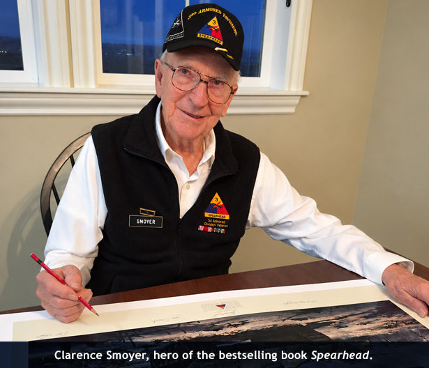 Spearhead hero Clarence Smoyer autographing prints