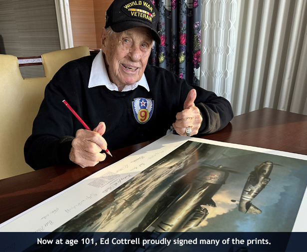P-47 pilot Edwin Cottrell autographing prints