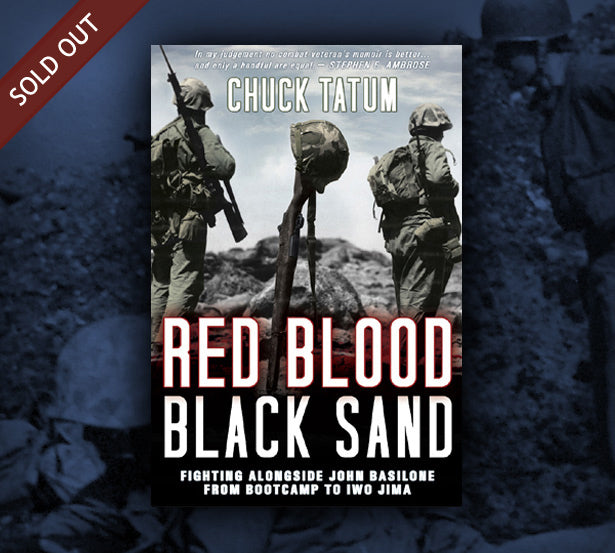 Book cover of 'Red Blood Black Sand' by Chuck Tatum with soldiers and helmets on a dark background.